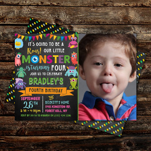 Invitation Little Monster Chalkboard 4th Birday Photo