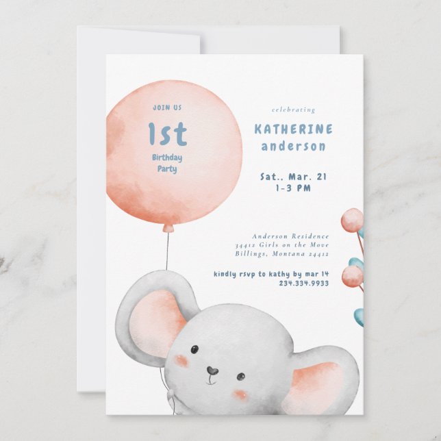 Invitation Little Mouse Blush & Blue 1er Anniversaire (Devant)