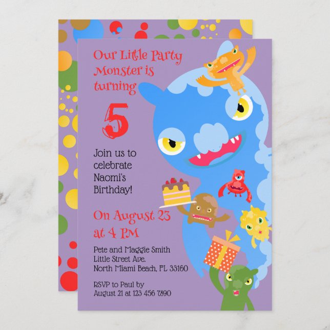 Invitation Little Party Monster and confetti Anniversaire Par (Devant / Derrière)