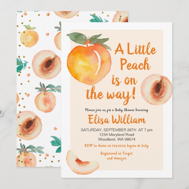 Invitation Little Peach on the Way Baby shower (Devant / Derrière)