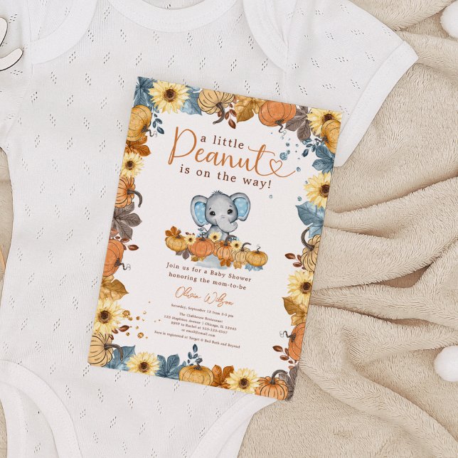 Invitation Little Peanut - Fall Elephant Citrouille Baby show (A Little Peanut is on the Way - Fall Elephant Pumpkin Baby Boy Shower Invitation)