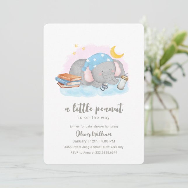 Invitation Little Peanut Sleeping Elephant Baby Shower (Debout devant)