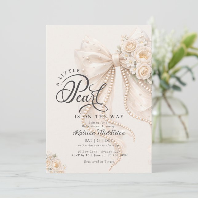 Invitation Little Pearl Bow Floral Baby Shower (Debout devant)