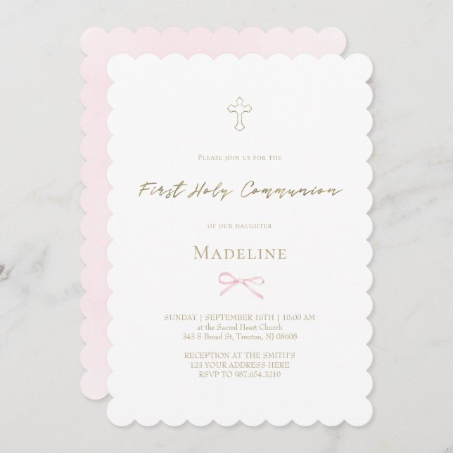 Invitation little pink bow First Holy Communion girl (Devant / Derrière)