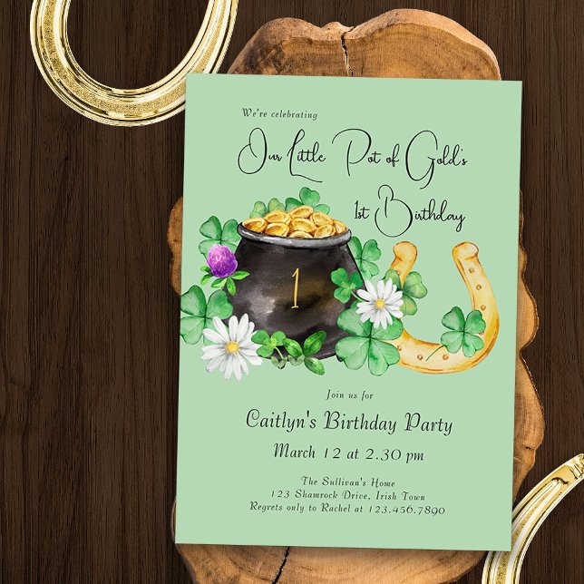 Invitation Little Pot Gold Irlandais Shamrock fête d'annivers (Irish Theme 1st Birthday Invitation - editable for any age - with pot of gold and lucky horseshoe)