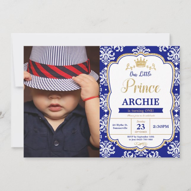 Invitation Little Prince 1er anniversaire Royal Blue Damask P (Devant)