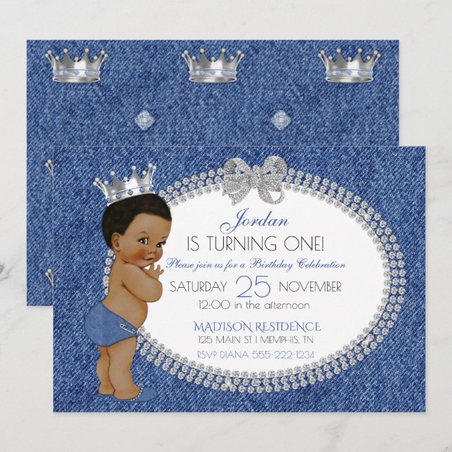 Invitation Little Prince African American Denim & Diamants (Devant / Derrière)