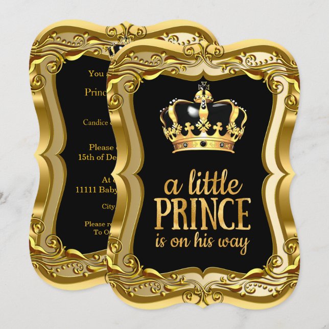 Invitation Little Prince Baby shower Black Faux Gold Foil (Devant / Derrière)