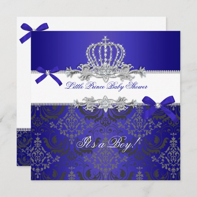 Invitation Little Prince Baby shower Boy Royal Blue Crown (Devant / Derrière)