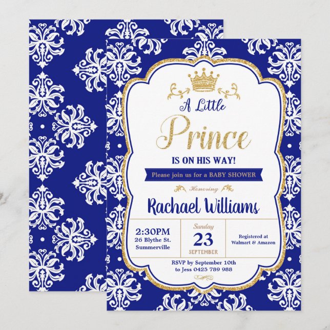 Invitation Little Prince Baby shower Royal Blue Damask Boy (Devant / Derrière)