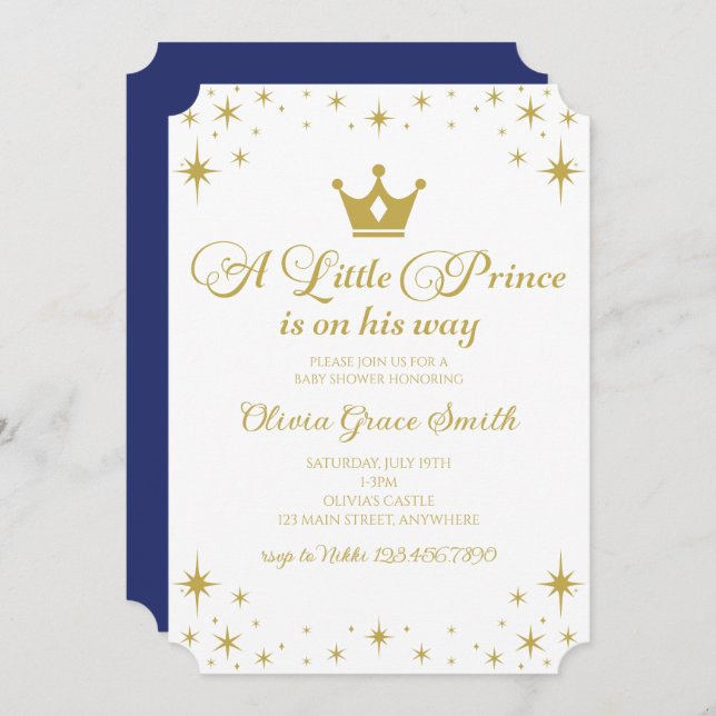 Invitation Little Prince Baby shower Royal Blue Gold (Devant / Derrière)