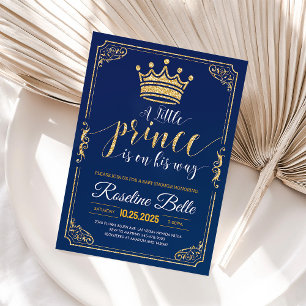 Invitation Little Prince Crown Navy et Gold Boy Baby shower