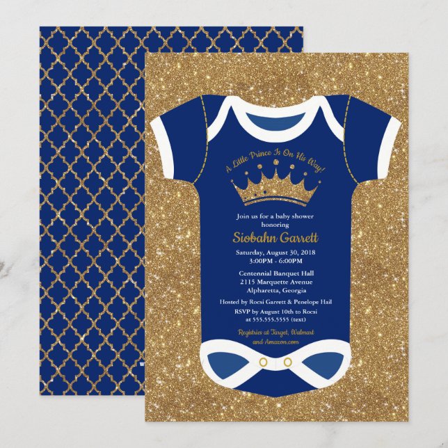 Invitation Little Prince Navy Blue & Royal Gold Baby shower (Devant / Derrière)