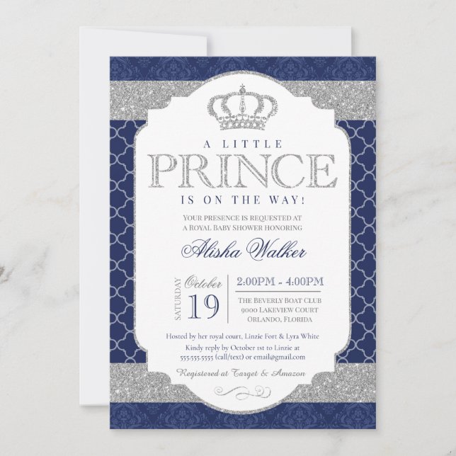 Invitation Little Prince Royal Blue et le Baby shower d'argen (Devant)