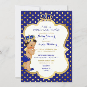 Invitation Little Prince Royal Blue & Gold Dot Crown