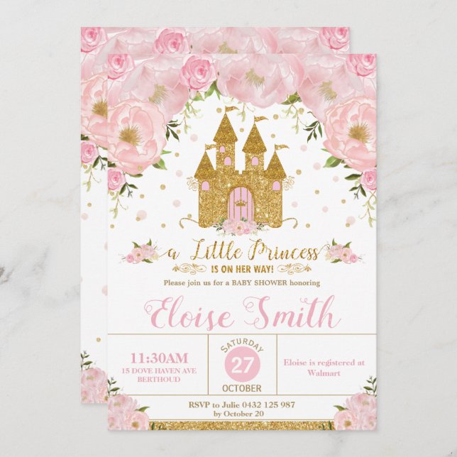 Invitation Little Princess Baby shower Castle Rose Floral (Devant / Derrière)