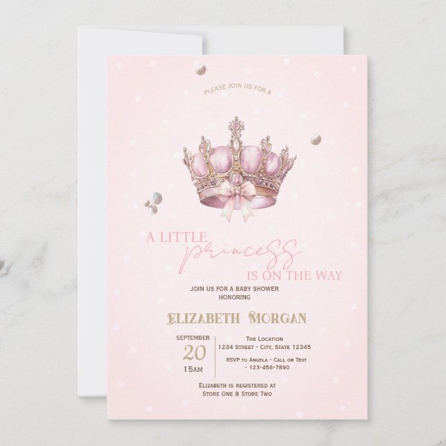 Invitation Little Princess Crown Pearls Dots Baby Shower (Devant)