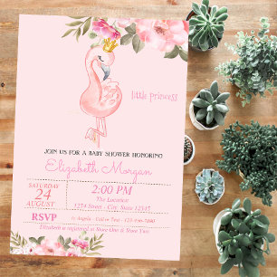 Invitation Little Princess, Flamant rose Floral Baby shower