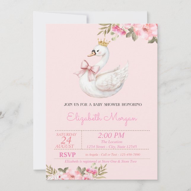 Invitation Little Princess, Swan Bow Baby Shower (Devant)