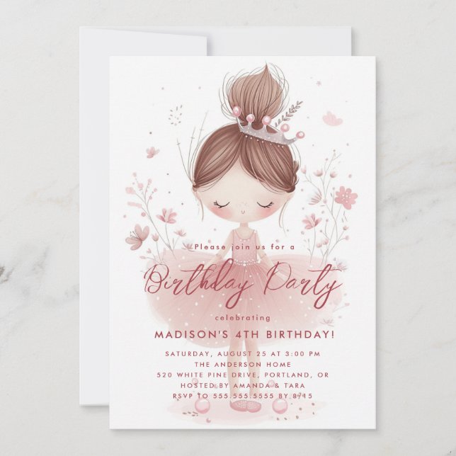Invitation Little Princesses Ballerina Pink fête d'anniversai (Devant)