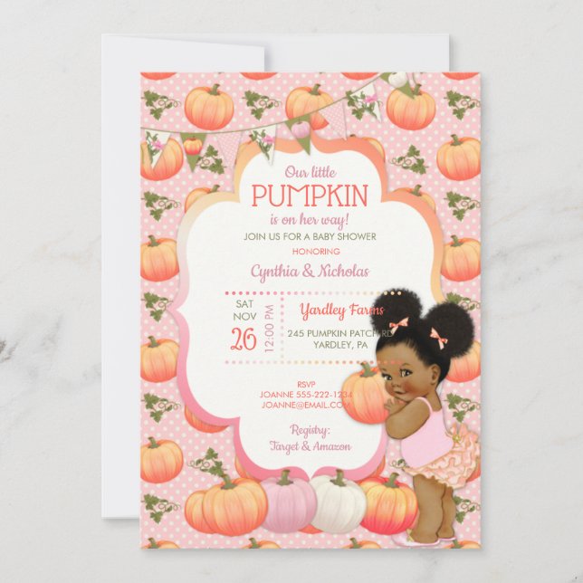 Invitation Little Pumpkin Baby Girl Shower Dark Tone Puffs In (Devant)