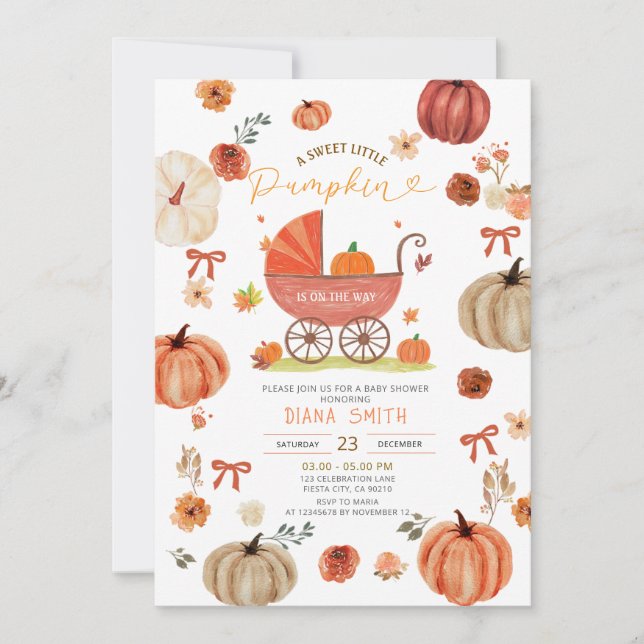 Invitation Little Pumpkin on the way Carriage Baby Shower (Devant)