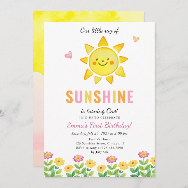 Invitation Little Ray of Sunshine Anniversaire de enfant Part (Devant / Derrière)