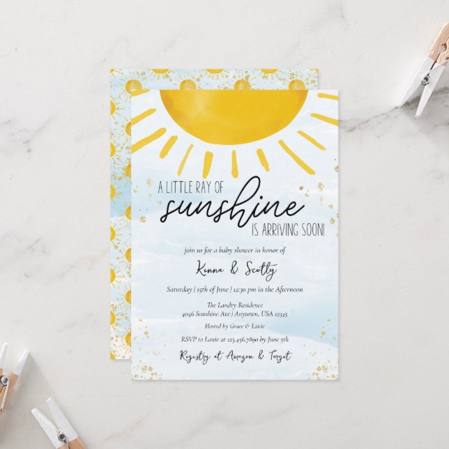 Invitation Little Ray of Sunshine Baby Boy Douche (Devant/Arrière en situation)
