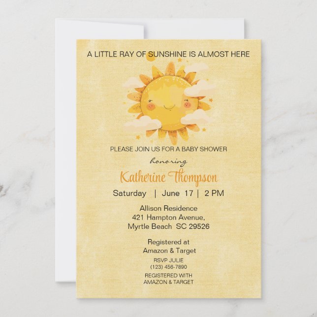 Invitation Little Ray of Sunshine Baby shower (Devant)
