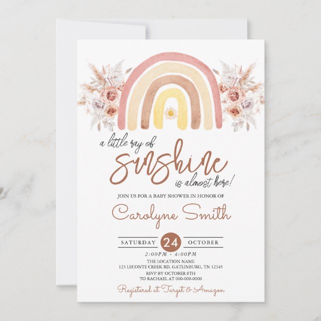 Invitation Little Ray of Sunshine Boho Baby shower arc-en-cie (Devant)
