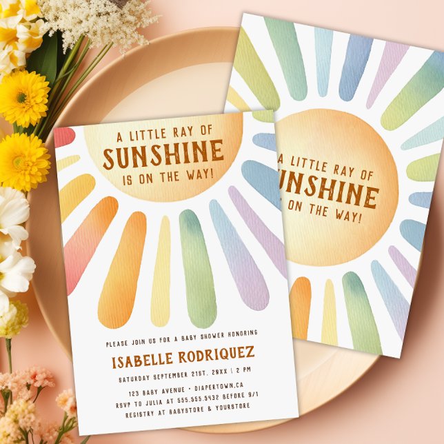 Invitation Little Ray Of Sunshine Boho Rainbow Baby shower (Little Ray Of Sunshine Boho Rainbow Baby Shower Invitation - Front & Back)