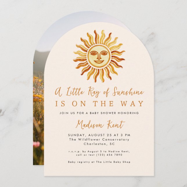 Invitation Little Ray of Sunshine Boho Sun Photo Baby Shower (Devant / Derrière)