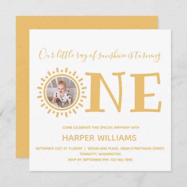 Invitation Little Ray of Sunshine Photo Baby 1er anniversaire (Devant / Derrière)