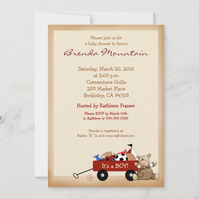 Invitation Little Red Wagon Sports Theme Boy Baby shower (Devant)