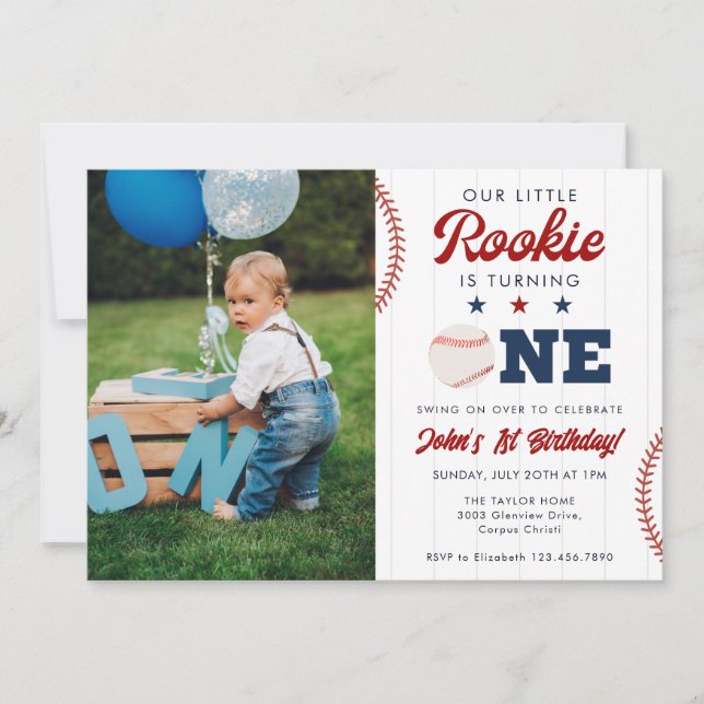 Invitation Little Rookie Baseball 1st Birthday Photo (Devant)