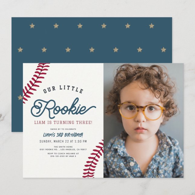 Invitation Little Rookie Baseball Boy Photo Anniversaire (Devant / Derrière)