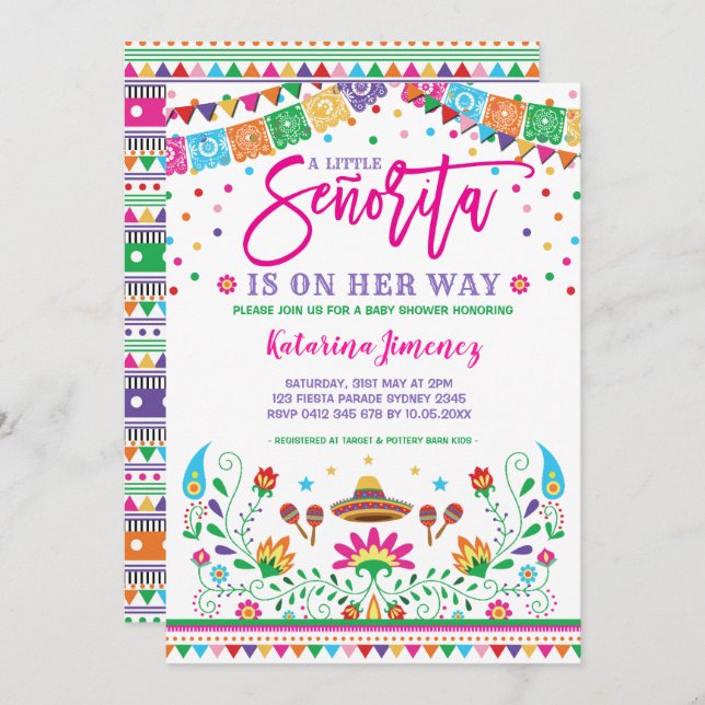 Invitation Little Senorita Fiesta Baby shower Floral mexicain (Devant / Derrière)