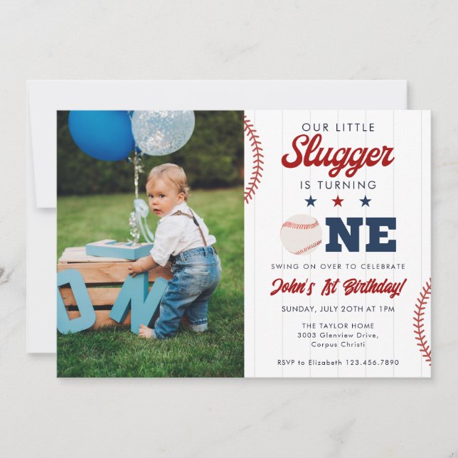 Invitation Little Slugger Baseball 1st Birthday Photo (Devant)