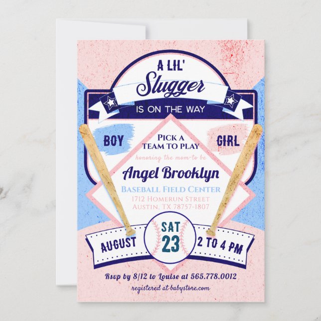 Invitation Little Slugger Baseball Baby Genre Reveal Party (Devant)
