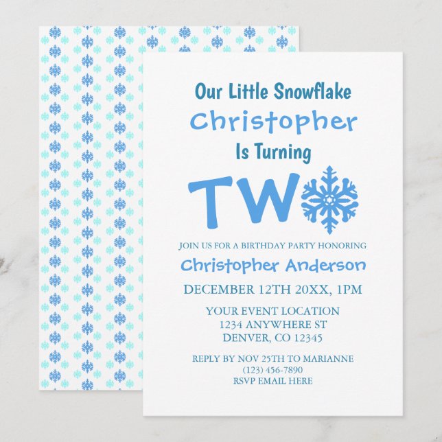 Invitation Little Snowflake 2e anniversaire (Devant / Derrière)
