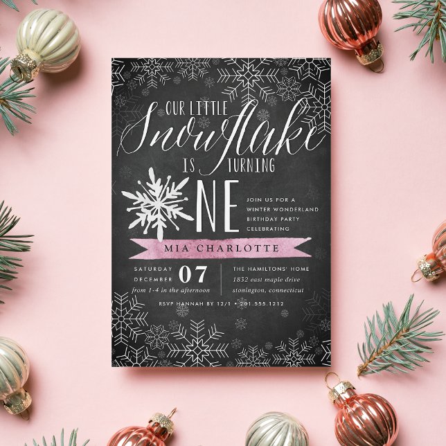 Invitation Little Snowflake Pink Chalkboard Premier anniversa (Créateur téléchargé)