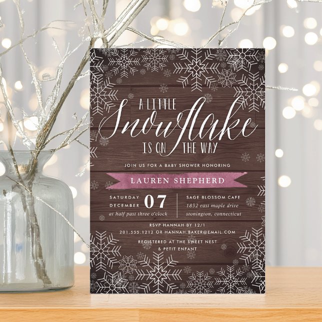 Invitation Little Snowflake Plum Baby shower en bois rustique (Créateur téléchargé)