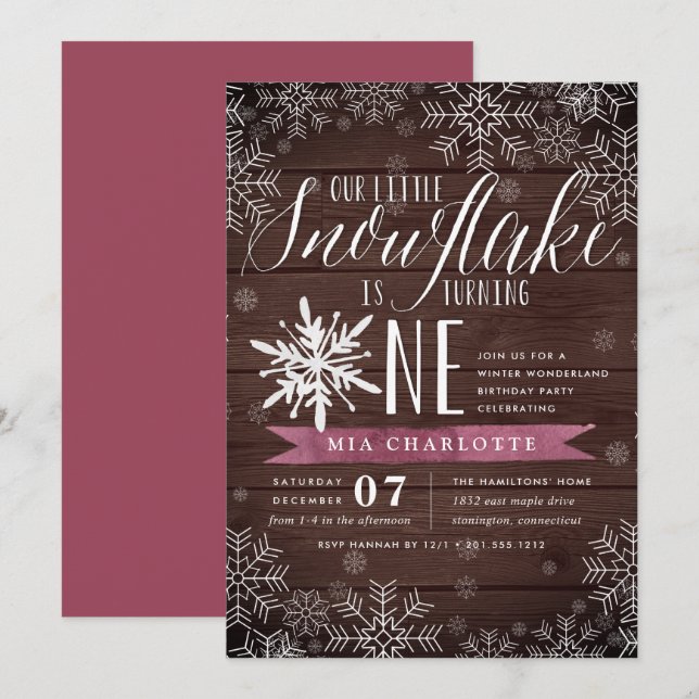 Invitation Little Snowflake Plum Bois rustique Premier annive (Devant / Derrière)