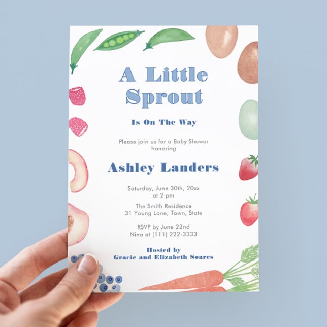 Invitation Little Sprout Farmers Market Baby Boy Douche (Little Sprout Farmers Market shower invitation to welcome a baby boy. With original watercolor icons)