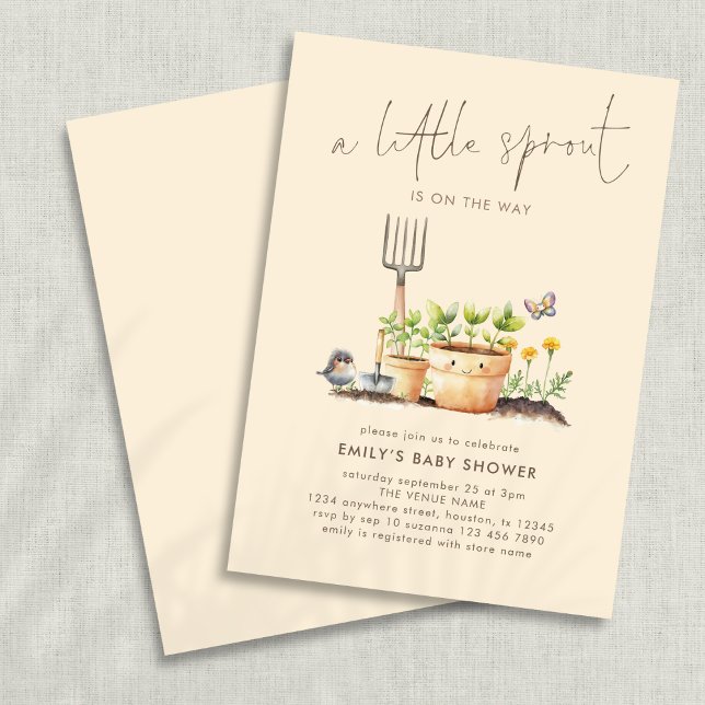 Invitation Little Sprout Garden Baby shower beige (Frotn and back view)