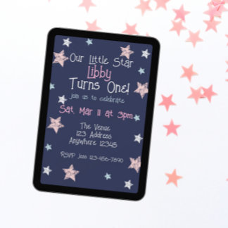 Invitation Little Star Turns One Pink Blue White 1st Birthday
