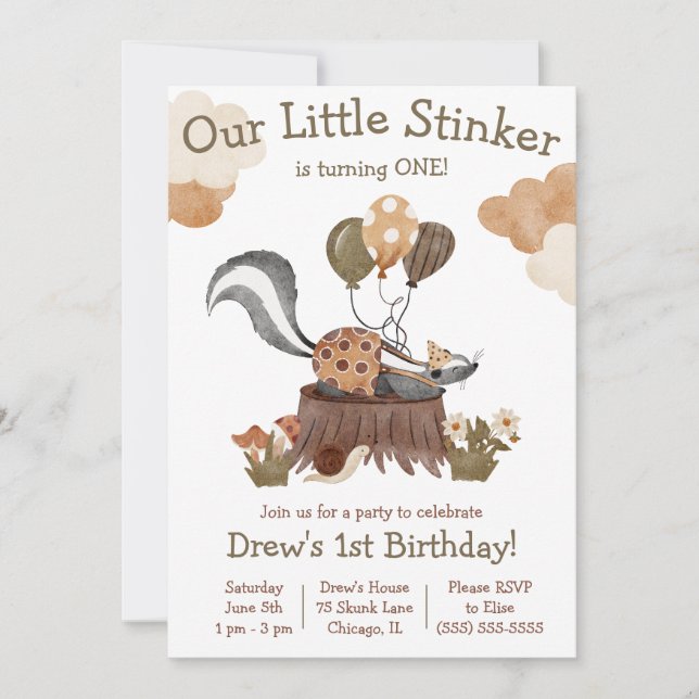 Invitation Little Stinker, Skunk, Woodland Birdday Party (Devant)