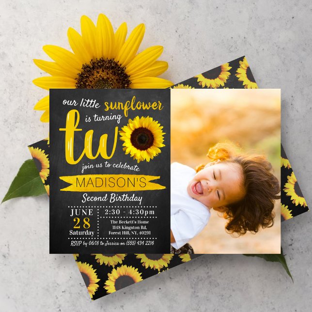 Invitation Little Sunflower Chalkboard 2e photo d'anniversair (Créateur téléchargé)