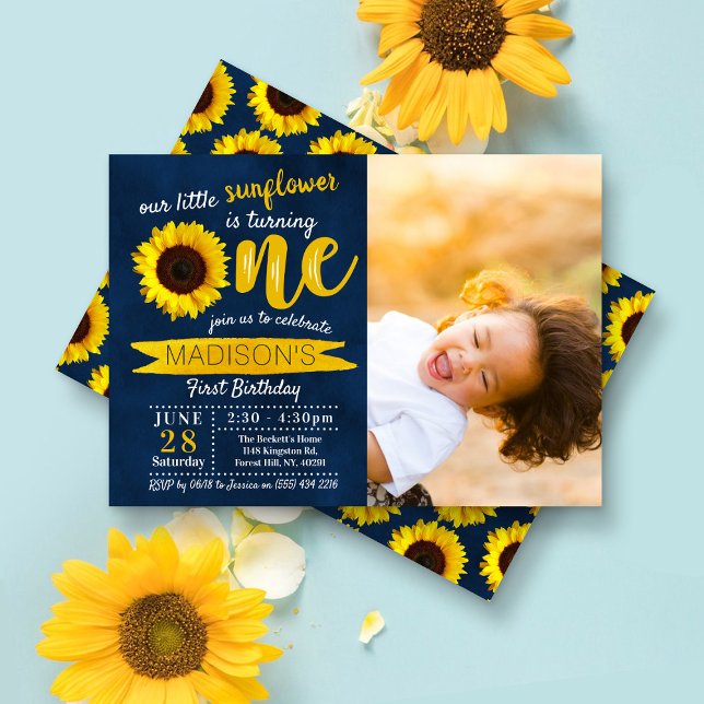 Invitation Little Sunflower Navy Bleu 1er anniversaire Photo (Créateur téléchargé)