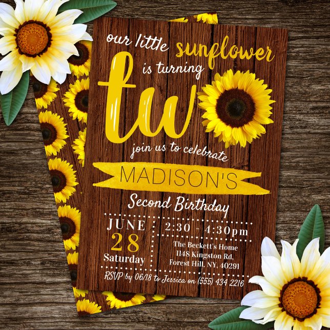 Invitation Little Sunflower Rustic Wood 2e anniversaire (Créateur téléchargé)